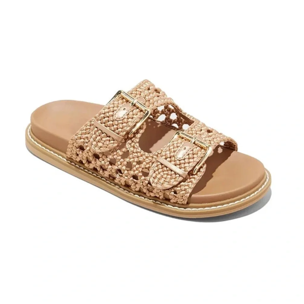 Tan Woven Slide Sandals Universal Thread Kylie 8.5 8 1/2 Two Band Shoes Spring - Picture 6 of 9